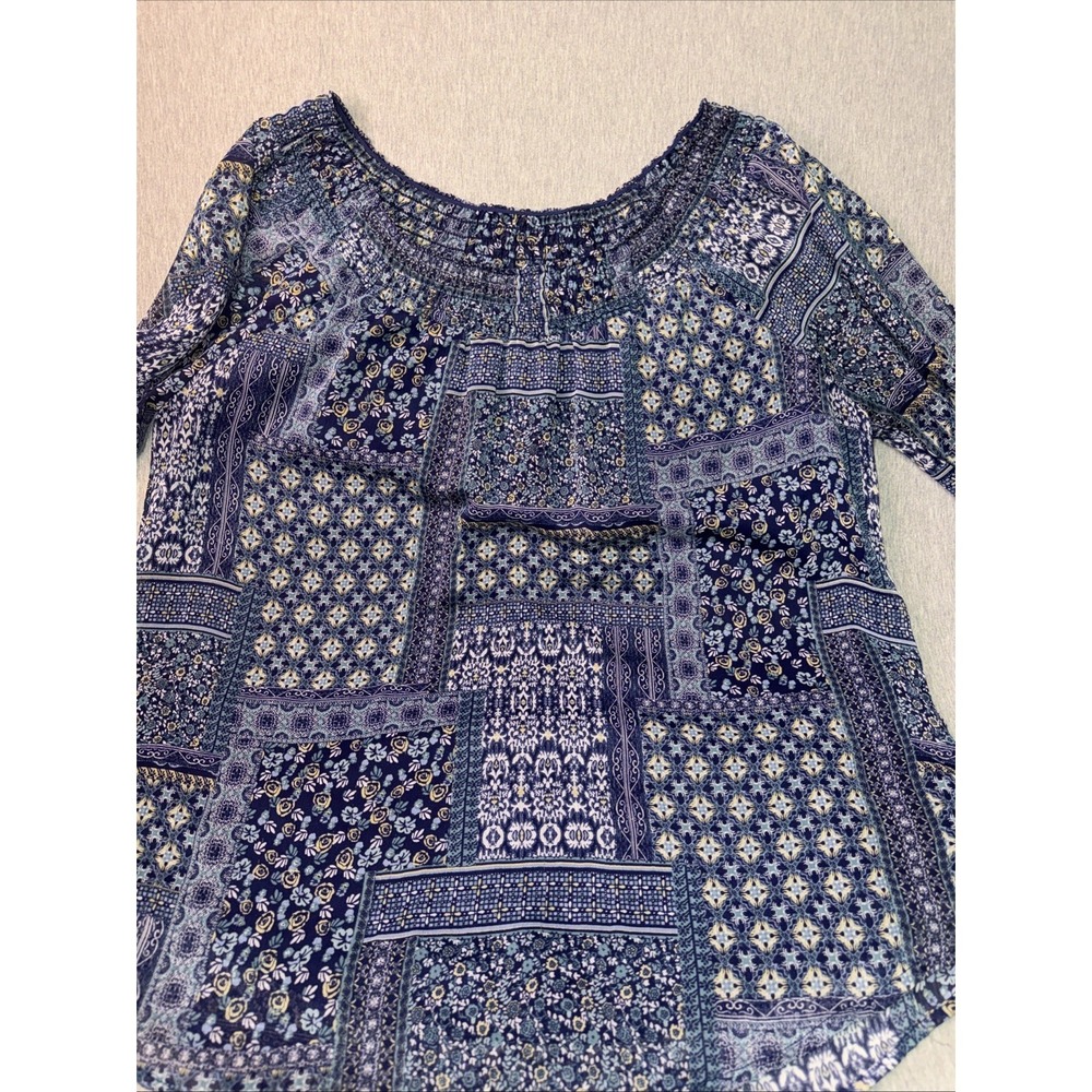 Westport 1962 Women's Large Boho Peasant Blouse Blue Patchwork Floral 3/4 Sleev